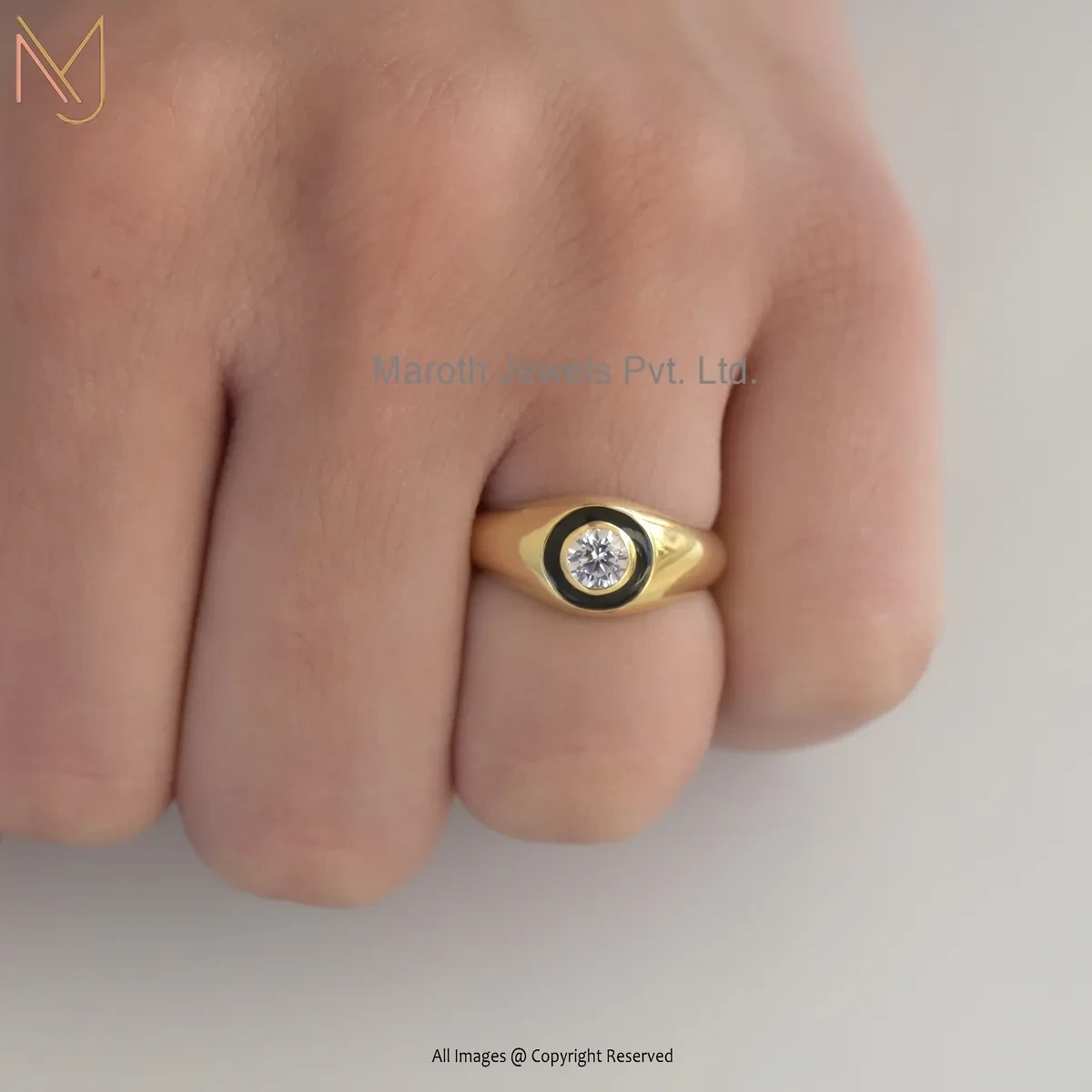 925 Silver Yellow Gold Plated Cubic Zircon Round Brilliant Diamond With Enamel Signet Ring USA