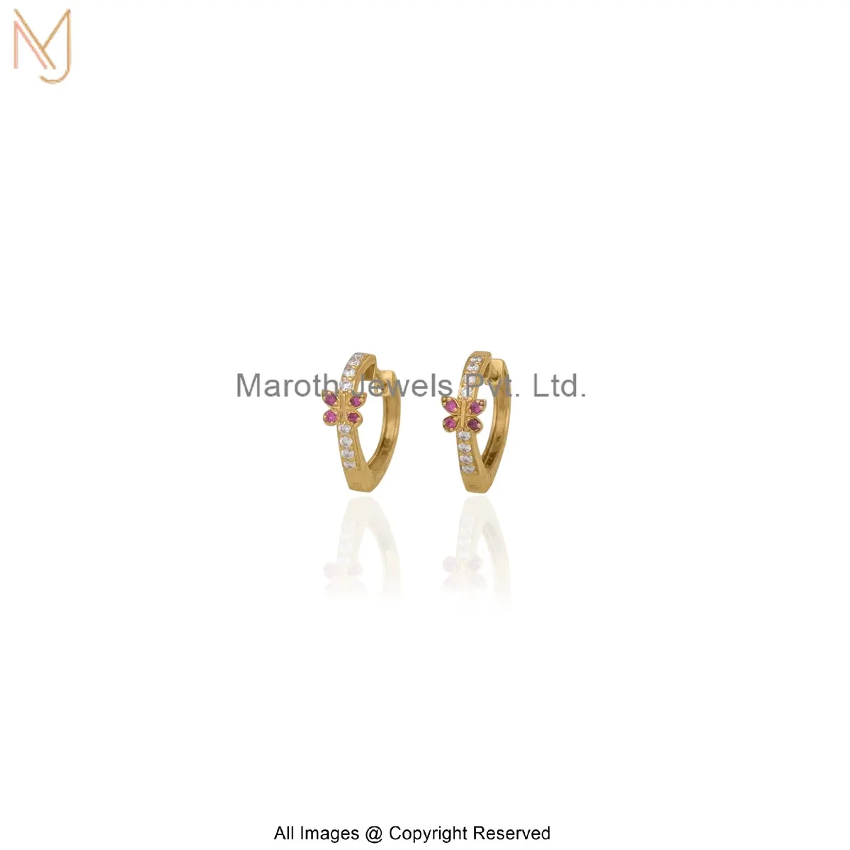 Wholesale 925 Silver Yellow Gold Plated Moissanite Butterfly Motif Stone Studded Gold Hoop Earrings