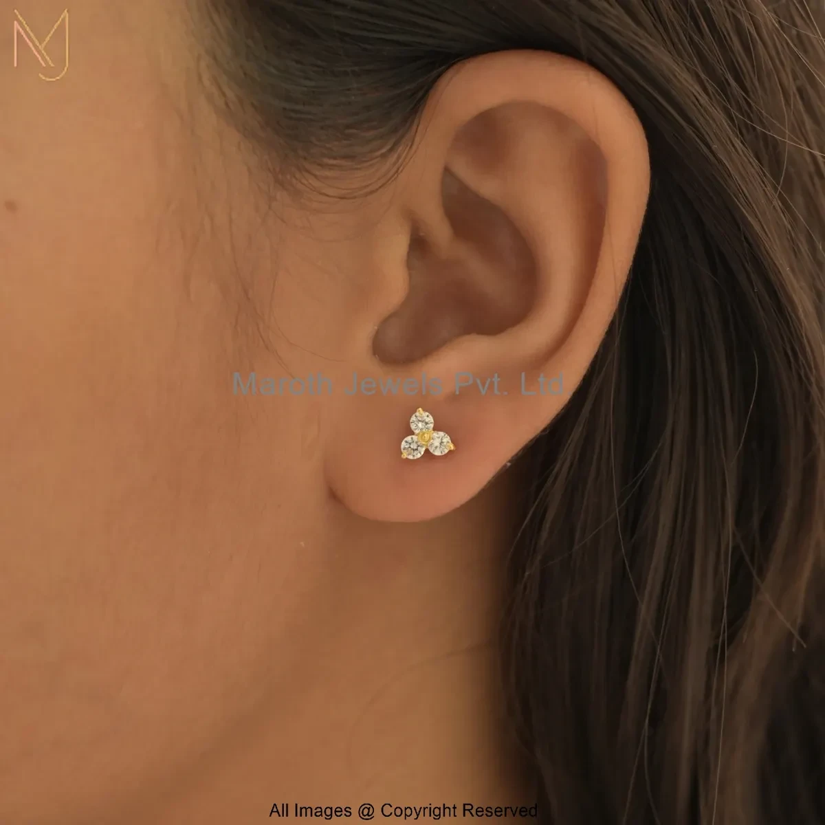 14K Yellow Gold Cubic Zircon Trinity Diamond Stud Earring Jewelry Supplier