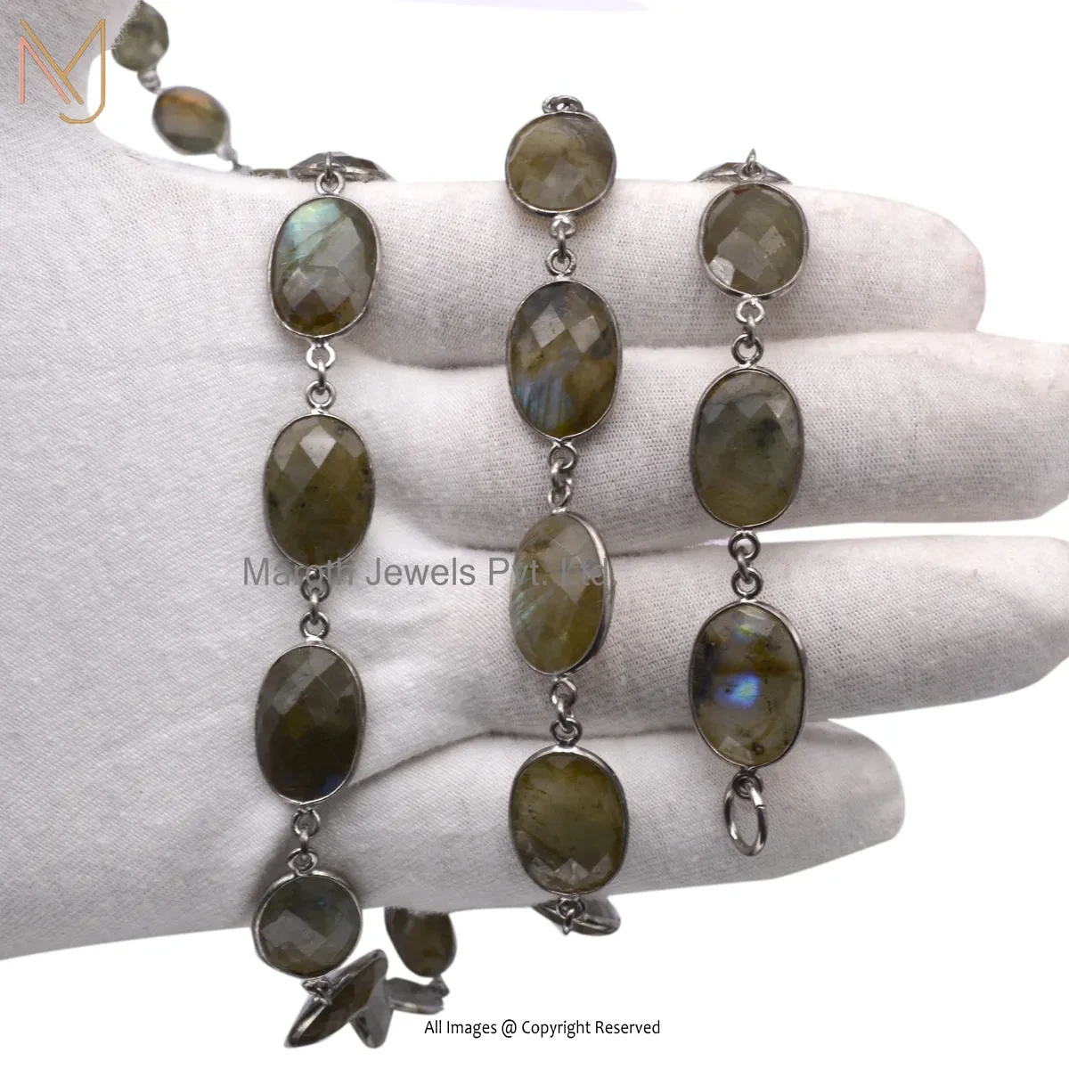 Private Lable 14K White Gold Labradorite Gemstone Bezel Chain Necklace Jewelry