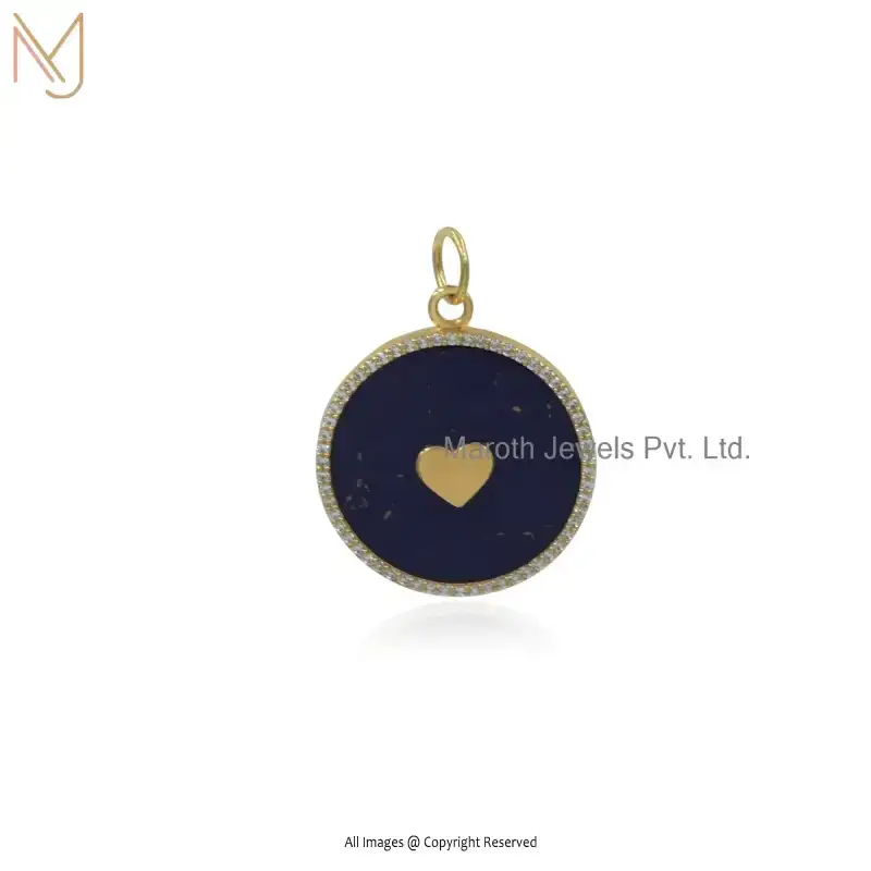 Wholesale 14K Yellow Gold Lapiz Lazuli & Cubic Zircon Round Heart Gemstone Pendant