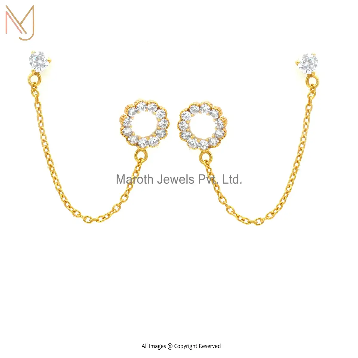14K Yellow Gold Diamond Cubic Zircon Dainty Dangling Chain Earrings Manufacturer
