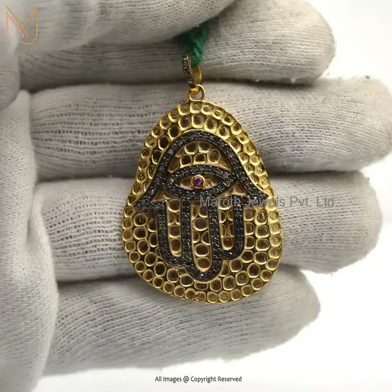 Wholesale 925 Silver Yellow Gold And Black Rhodium Plated Pave Diamond Hamsa Pendant Jewelry