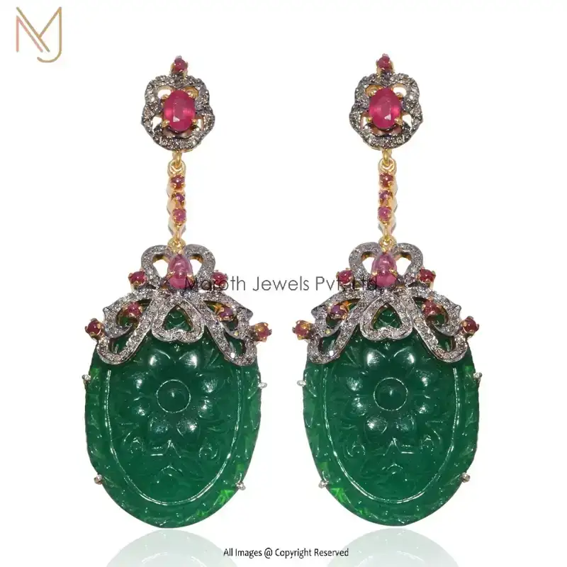 Wholesale 925 Silver Black Rhodium Pave Diamond Ruby Gemstone Green Onyx Carving  Designer Earrings Jewelry