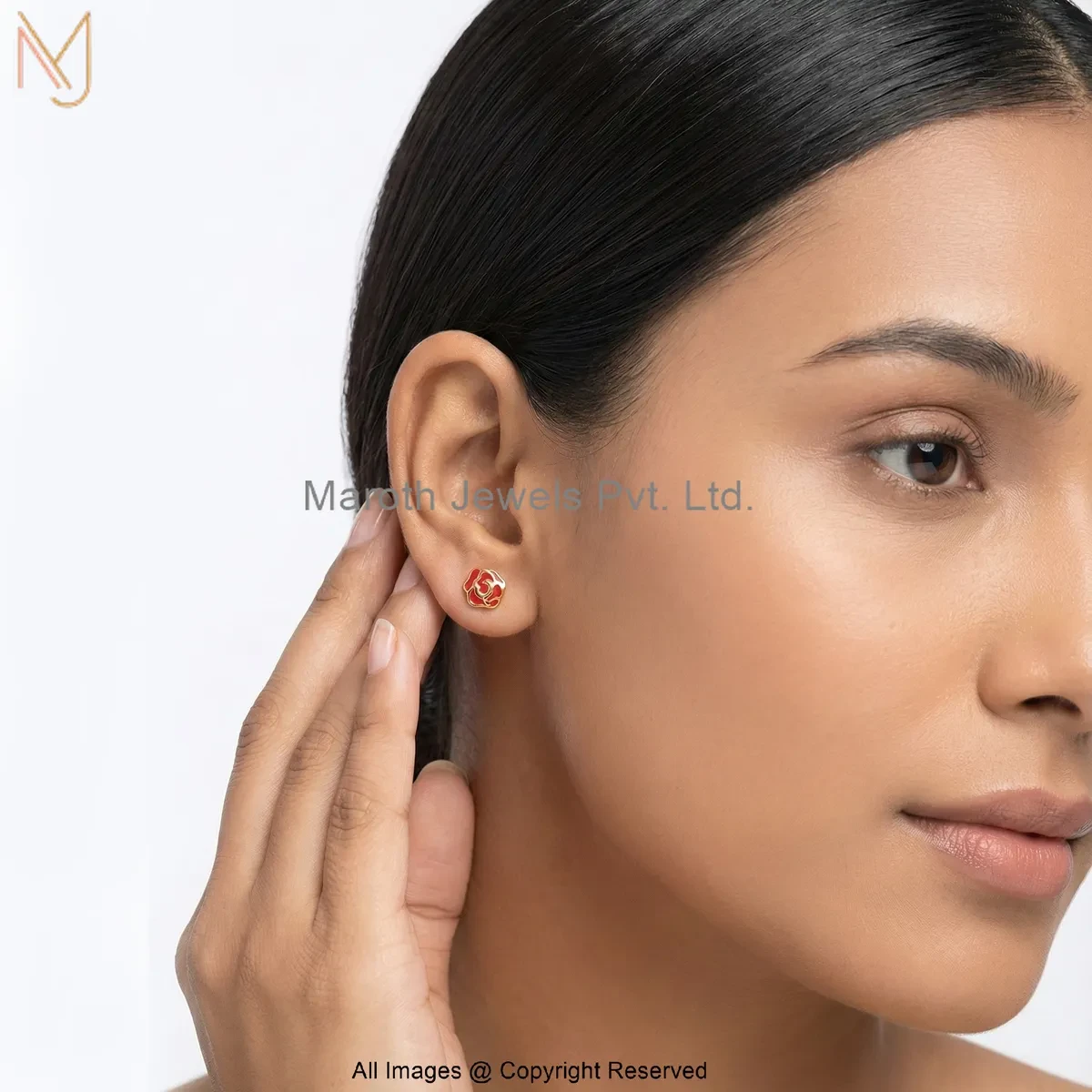 925 Silver Yellow Gold Plated Red Enamel Scarlet Rose Stud Earrings Custom Jewelry