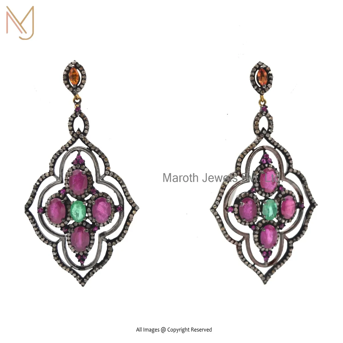 14K Yellow Gold Pave Diamond, Emerald, Ruby, Orange Sapphire Gemstone Flower Earring USA