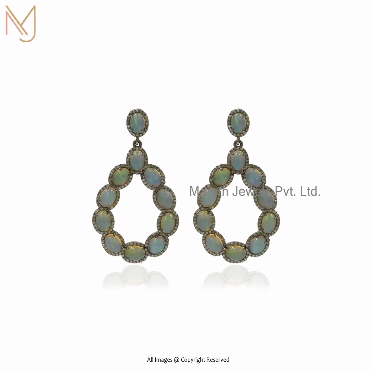 Private Lable 14K Yellow Gold Pave Dimaond And Opal Gemstone Designer Drop Earring