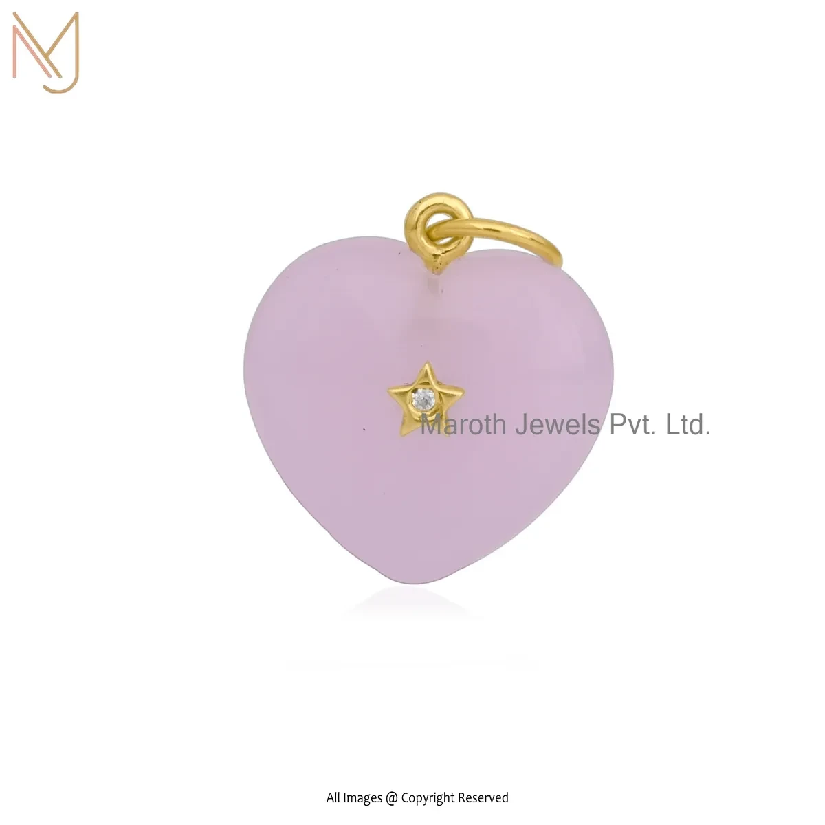 14K Yellow Gold Cubic Zircon & Rose Quartz Gemstone Heart Pendant Custom Jewelry