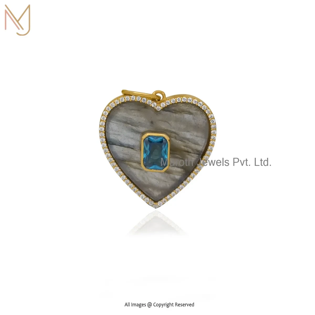 14K Yellow Gold Ruby Cubic Zircon & Malachite Gemstone Heart Pendant Jewelry Supplier