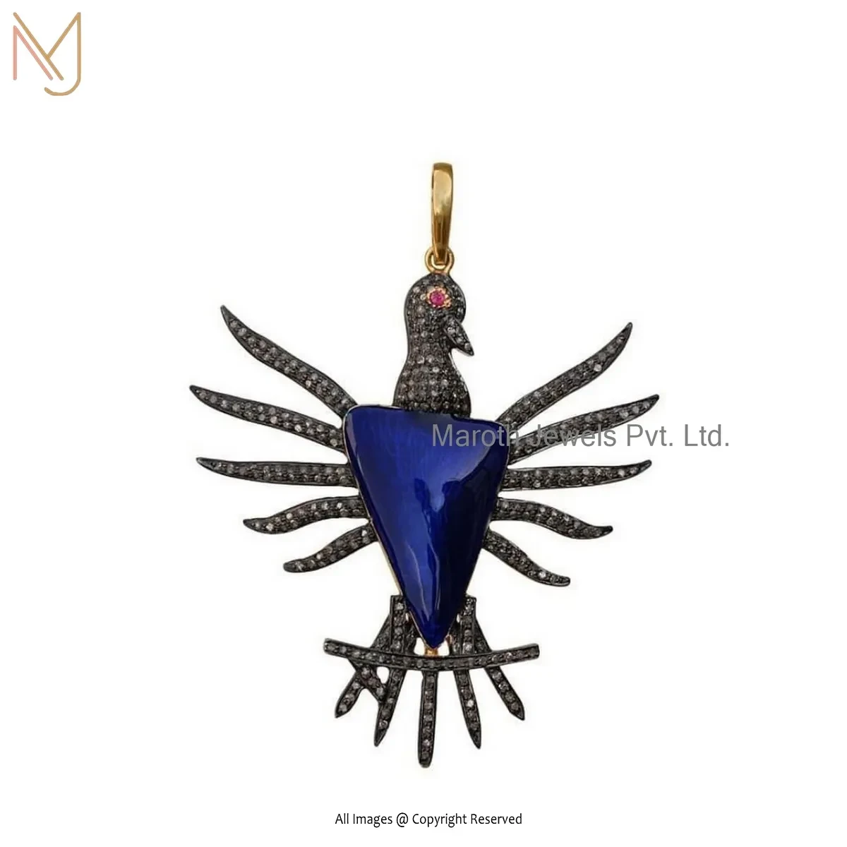 925 Silver Yellow Gold Plated Pave Diamond Gemco International Enamel Bird Pendant USA