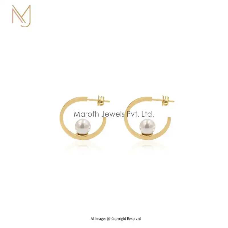 14K Yellow Gold With Pearl Hoop Earrings Manufacturer