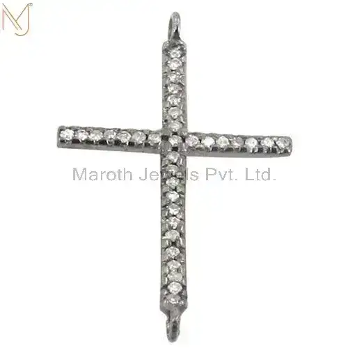 925 Sterling Silver Pendant Diamond Studded Cross Bracelet Connector Jewelry USA