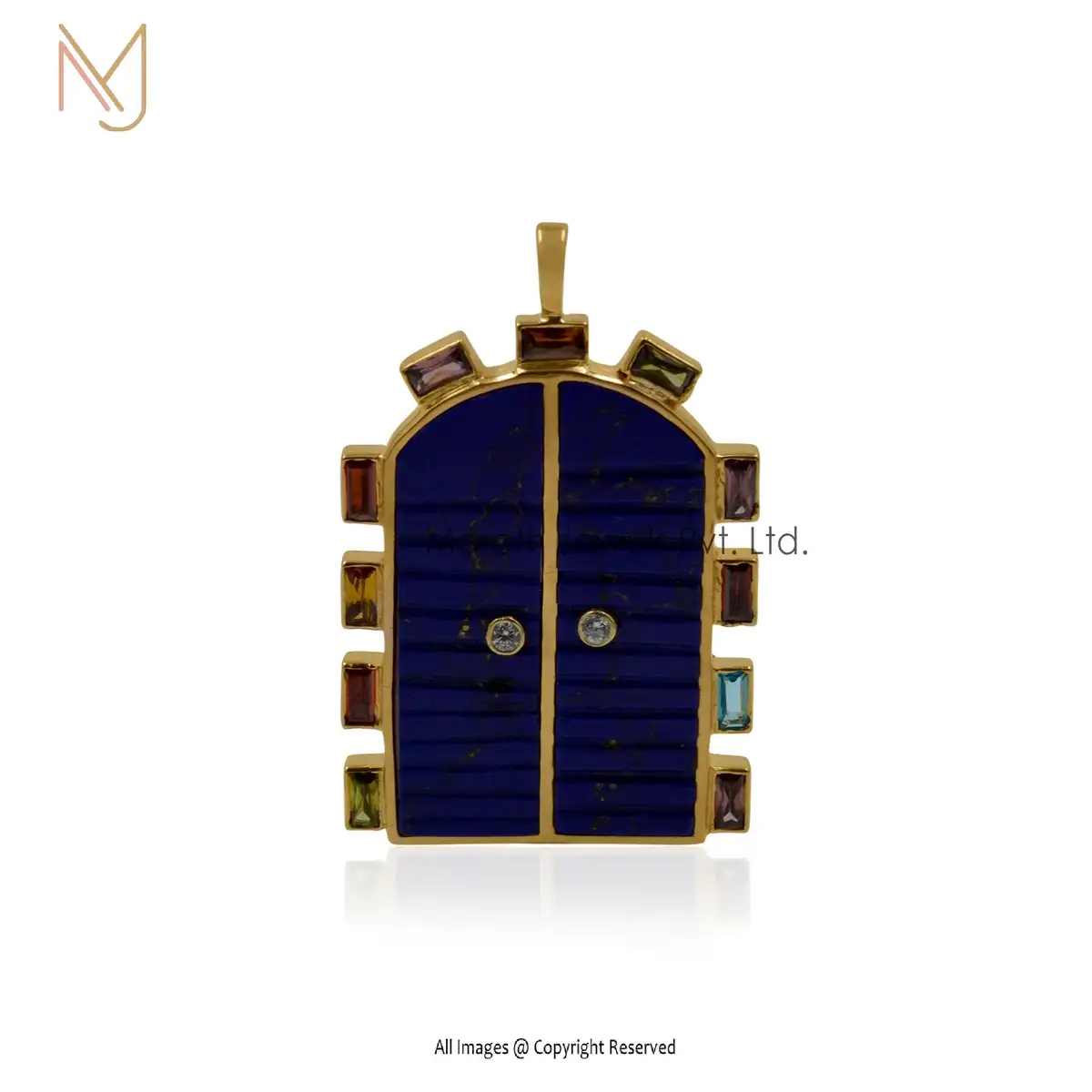 925 Silver Yellow Gold Lapiz Lazuli & White Topaz And Multi Baguettes Pendant Jewelry USA