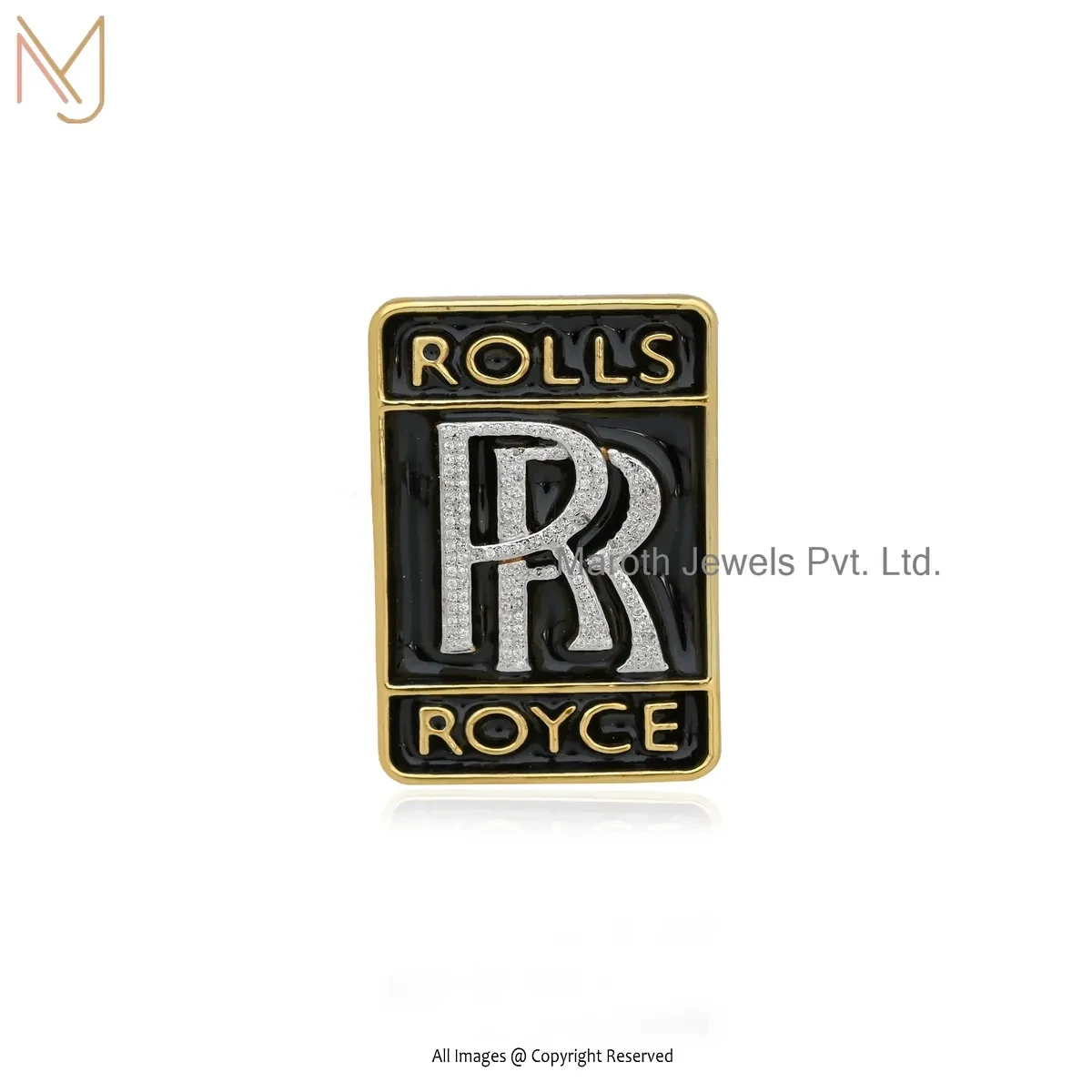 14K Yellow Gold Cubic Zircon & Enamel Square " R " Letter Pendant Custom Jewelry