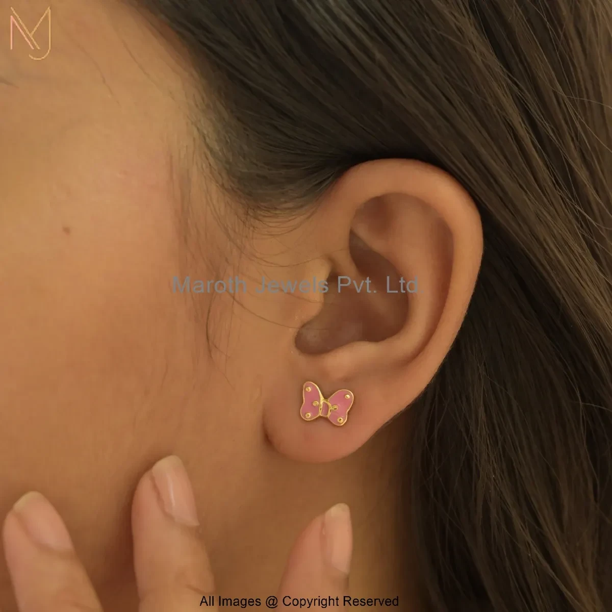 14K Yellow Gold Pink Enamel Butterfly Stud Earring Jewelry Supplier