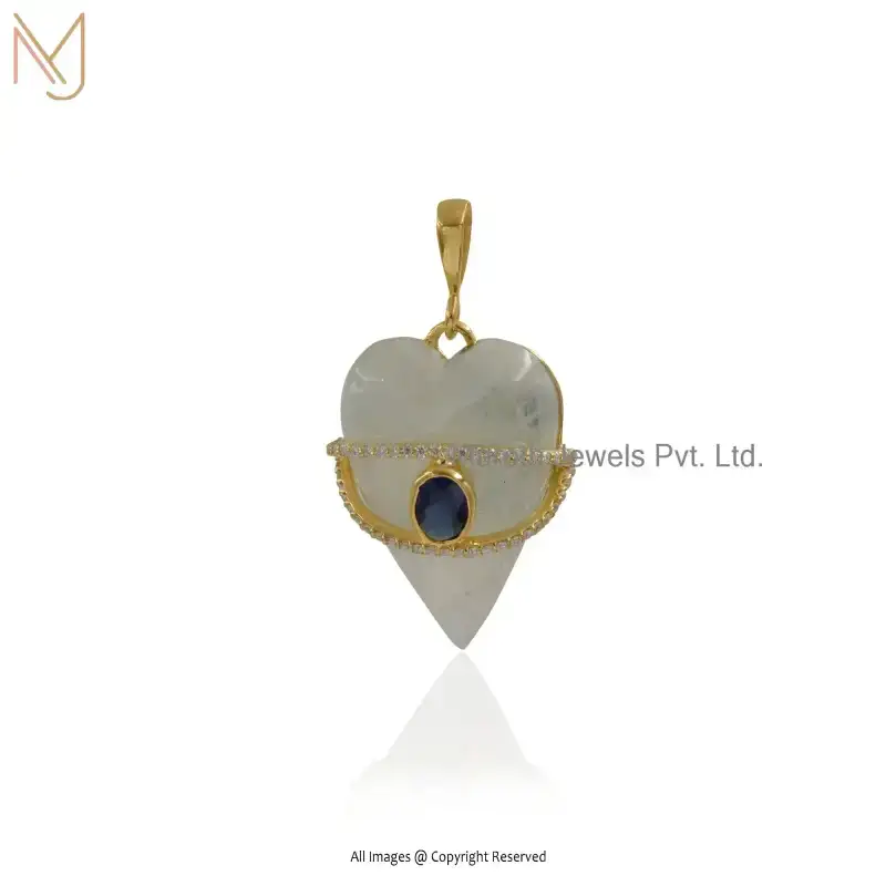 14K Yellow Gold Labradorite & Moissanite & Blue CZ Evil Eye Gemstone Carved Heart Pendant USA