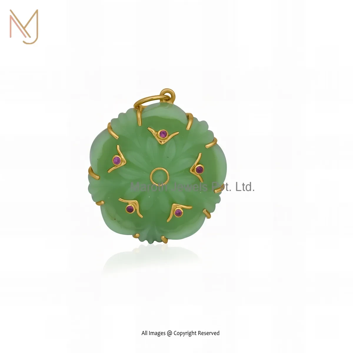 Private Lable 14K Yellow Gold Ruby Cubic Zircon & Green Opal Gemstone Flower Pendant