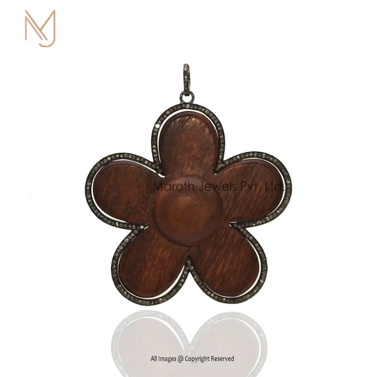 925 Silver Rhodium Wooden Designs Pave Diamond Flower Pendant Jewelry Manufacturer