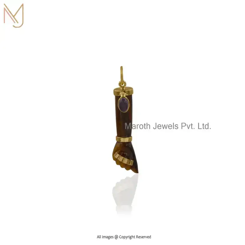 Wholesale 925 Silver Yellow Gold Plated Tiger's Eye & Amethyst Figa Pendant