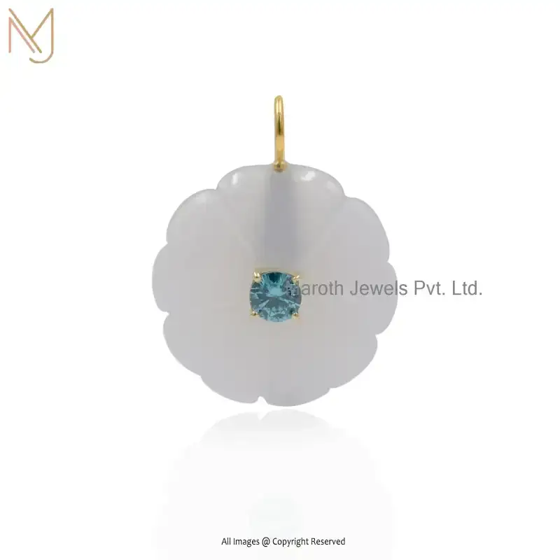 925 Silver Yellow Gold Plated Orange Coral Middle Stone Blue Topaz Gemstone Flower Pendant Jewelry Supplier