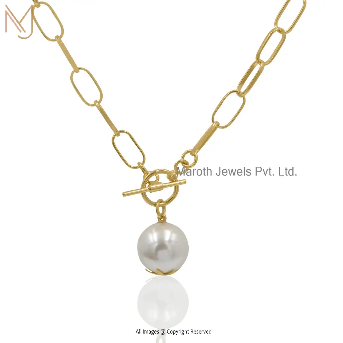 925 Silver Yellow Gold Oval Link Togal Claps Pearl Charm Necklace Jewelry Supplier