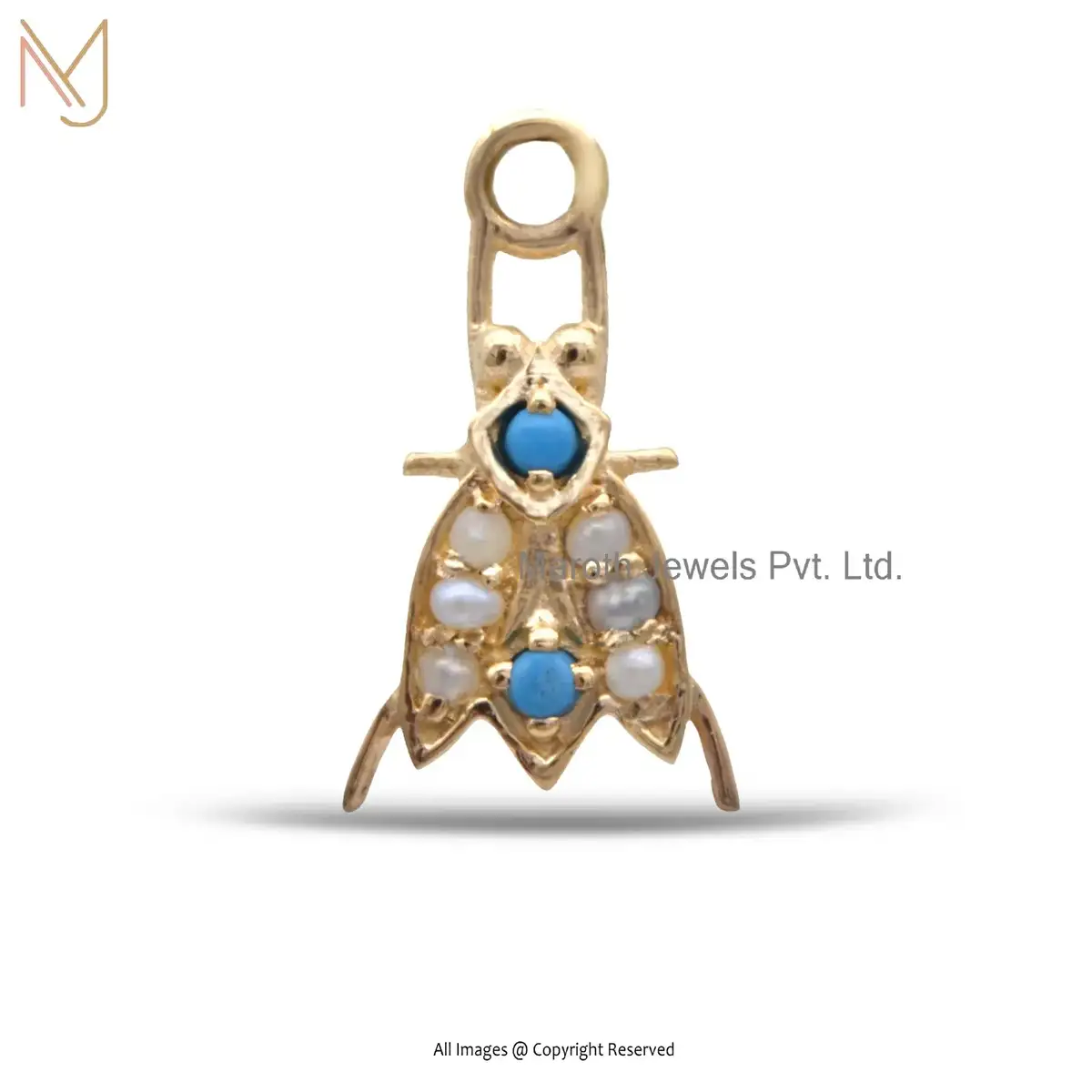 925 Sterling Silver Yellow Gold Plated Turquoise And Pearl Gemstone Bug Charms Pendant Custom Jewelry