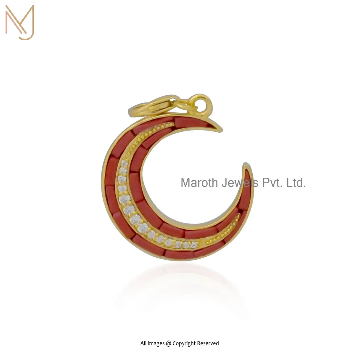 Private Lable 14K Yellow Gold Red Coral And Moissanite Moon Pendant