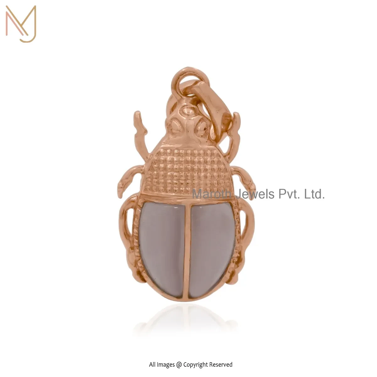 Private Lable 925 Silver Yellow Gold Plated Rose Quartz Gemstone Scarab Pendant