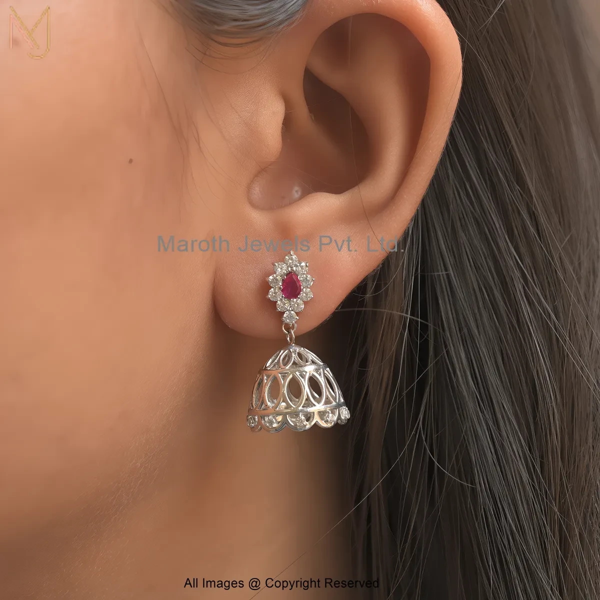 925 Silver Natural Silver Plated Ruby Cubic Zircon Jhumka Earring Jewelry Supplier