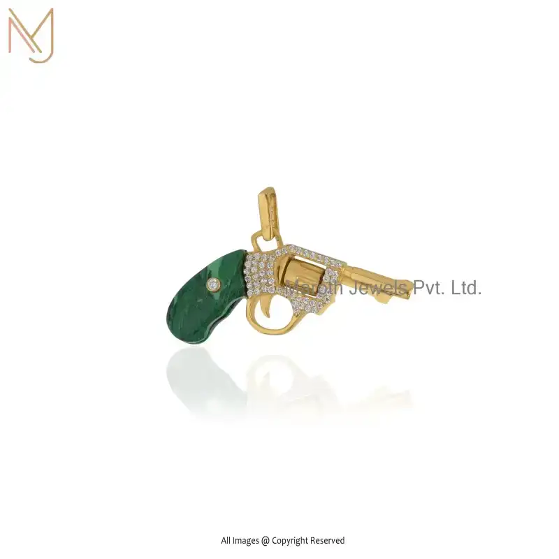Private Lable 925 Silver Yellow Gold Plated Malachite And White CZ Gun Gemstone Pendant