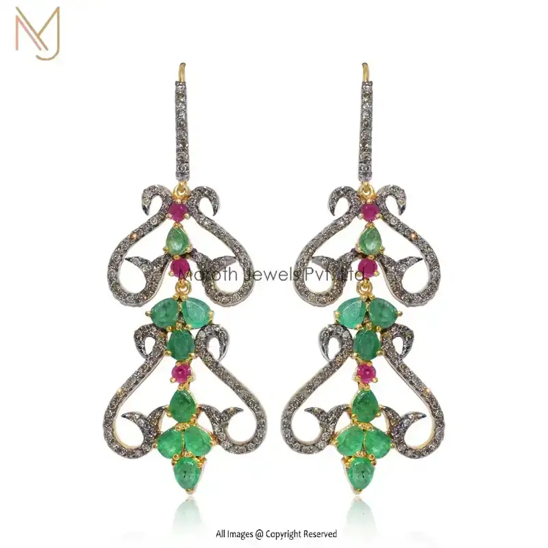 925 Silver Black Rhodium Yellow Gold Plated Pave Diamond Ruby Gemstone Emerald Earrings Manufacturer