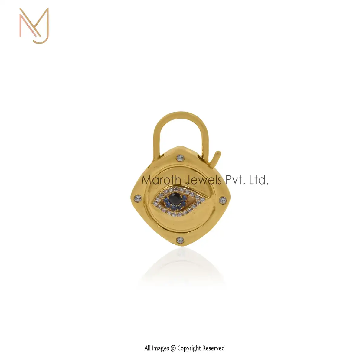 Wholesale 14K Yellow Gold White CZ And Blue CZ Eye Padlock Pendant Jewelry