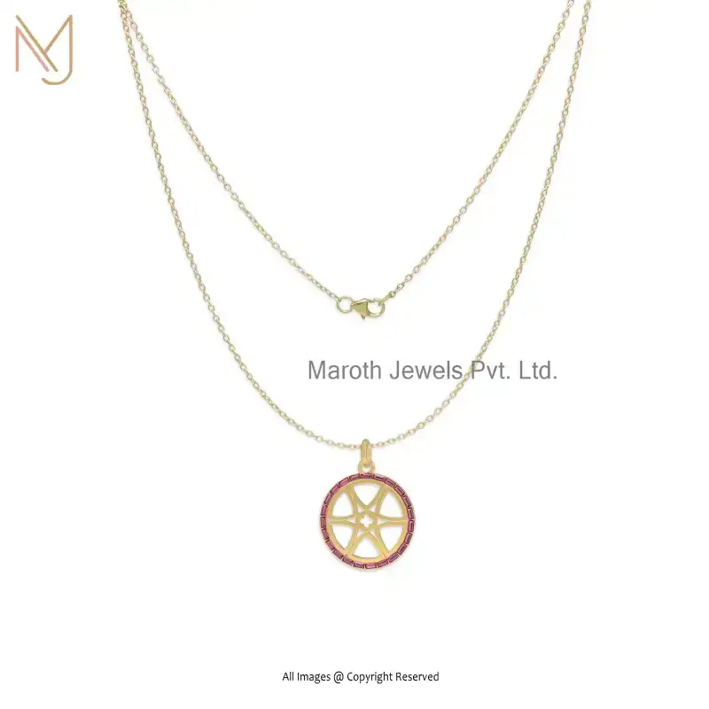 925 Silver Yellow Gold Plated Pink Sapphire Baguettes Disc Flower Pendant Jewelry USA