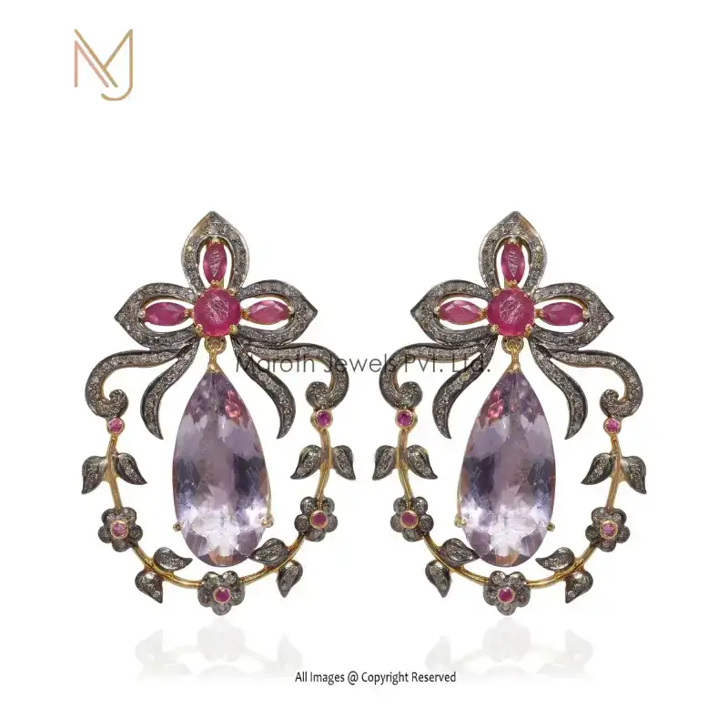92.5 Silver Rhodium Yellow Gold Plated Pave Diamond Ruby Gemstone Pink Amethyst Gemstone Earrings Manufacturer