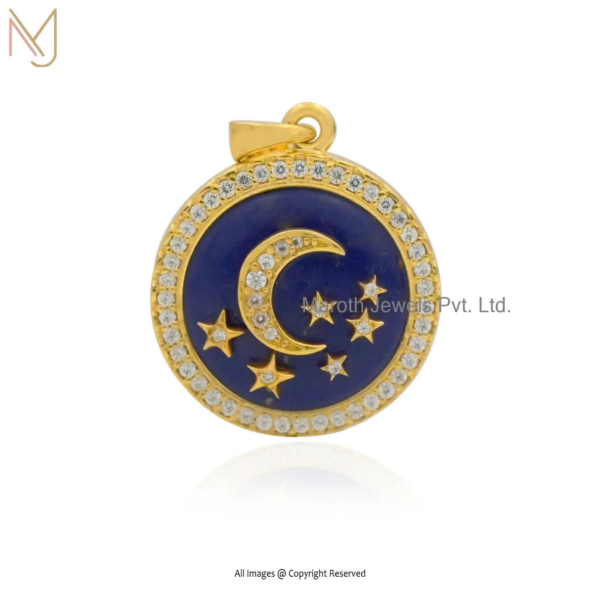 Private Lable 925 Silver Yellow Gold Plated Lapiz Lazuli & Cubic Zircon Star Moon Pendant