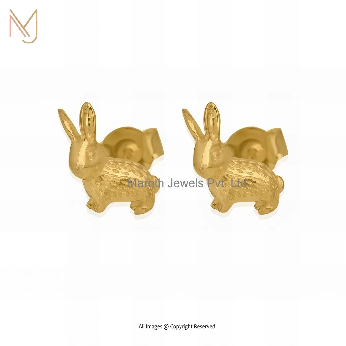 14K Yellow Gold Rabbit 3D Design Studs Earring Manufacturer