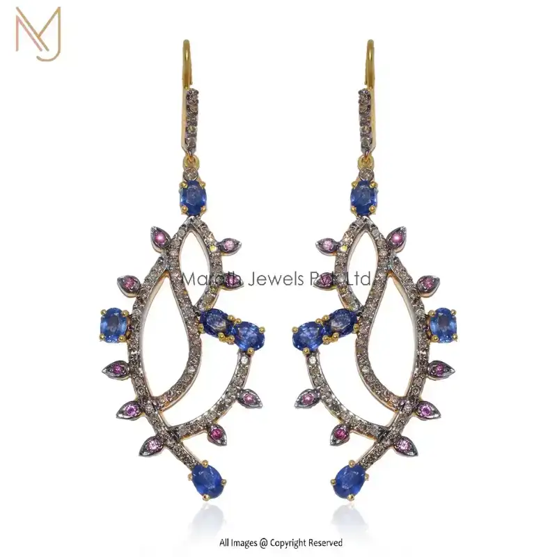 925 Silver Rhodium Yellow Gold Plated Pave Diamond Blue Sapphire & Pink Tourmaline Gemstone Earrings USA