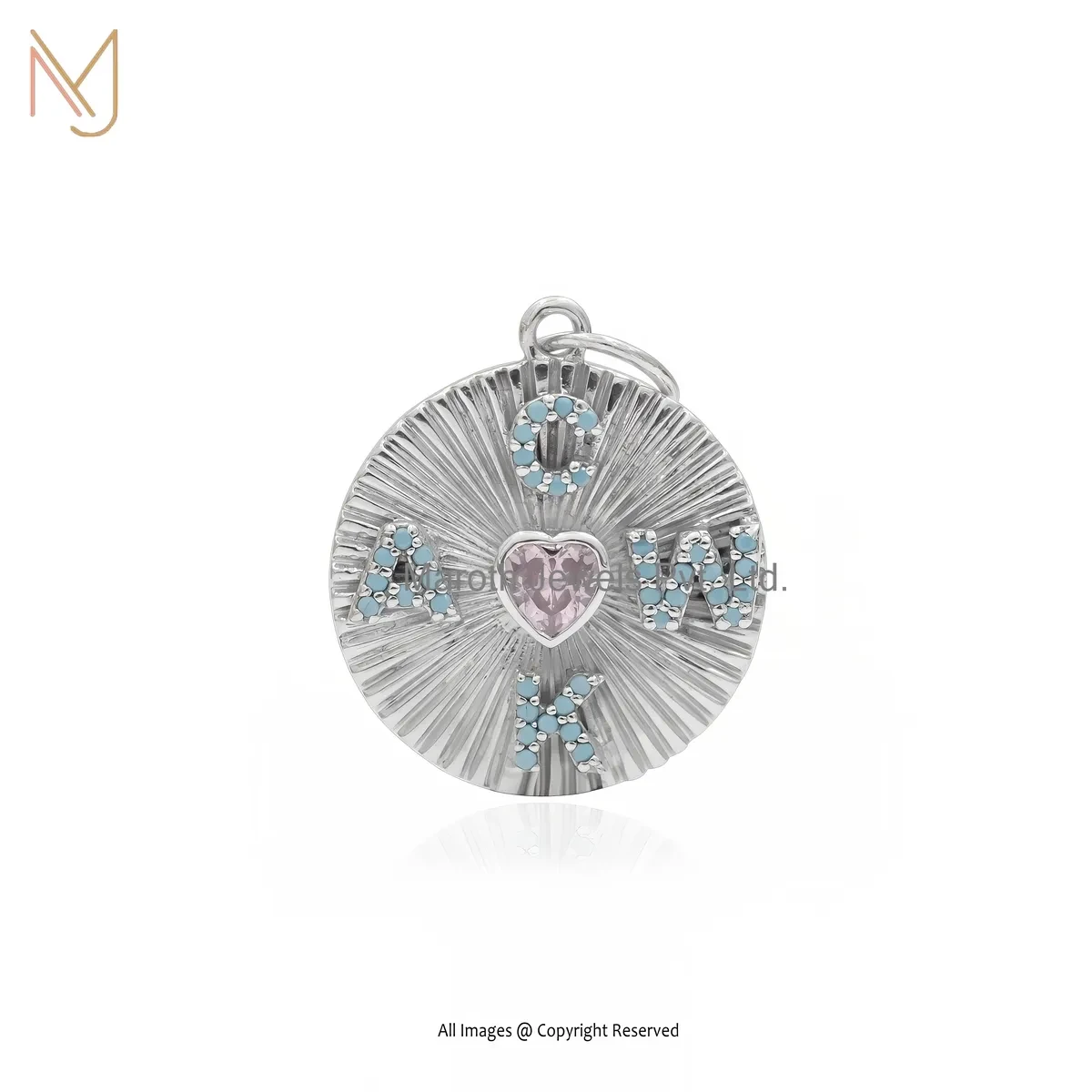 Private Lable 925 Silver Natural Silver Plated Pink Sapphire & Turquoise Gemstone Fluted Letter Pendant