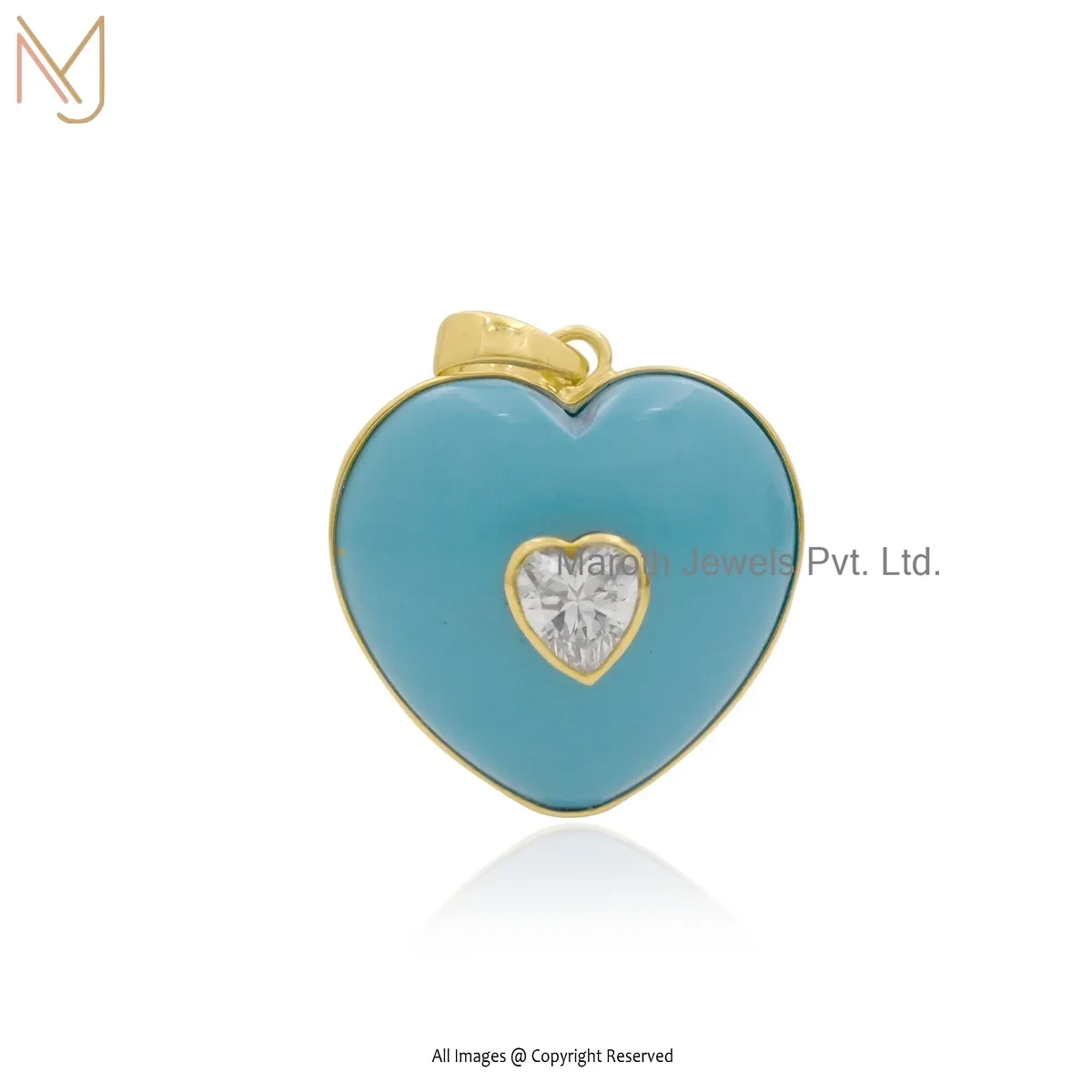 Private Lable 14K Yellow Gold Cubic Zircon & Turquoise Heart Pendant
