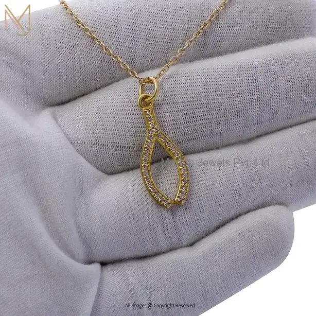 14K Yellow Gold Pave Diamond Wishbone Pendant Jewelry Supplier