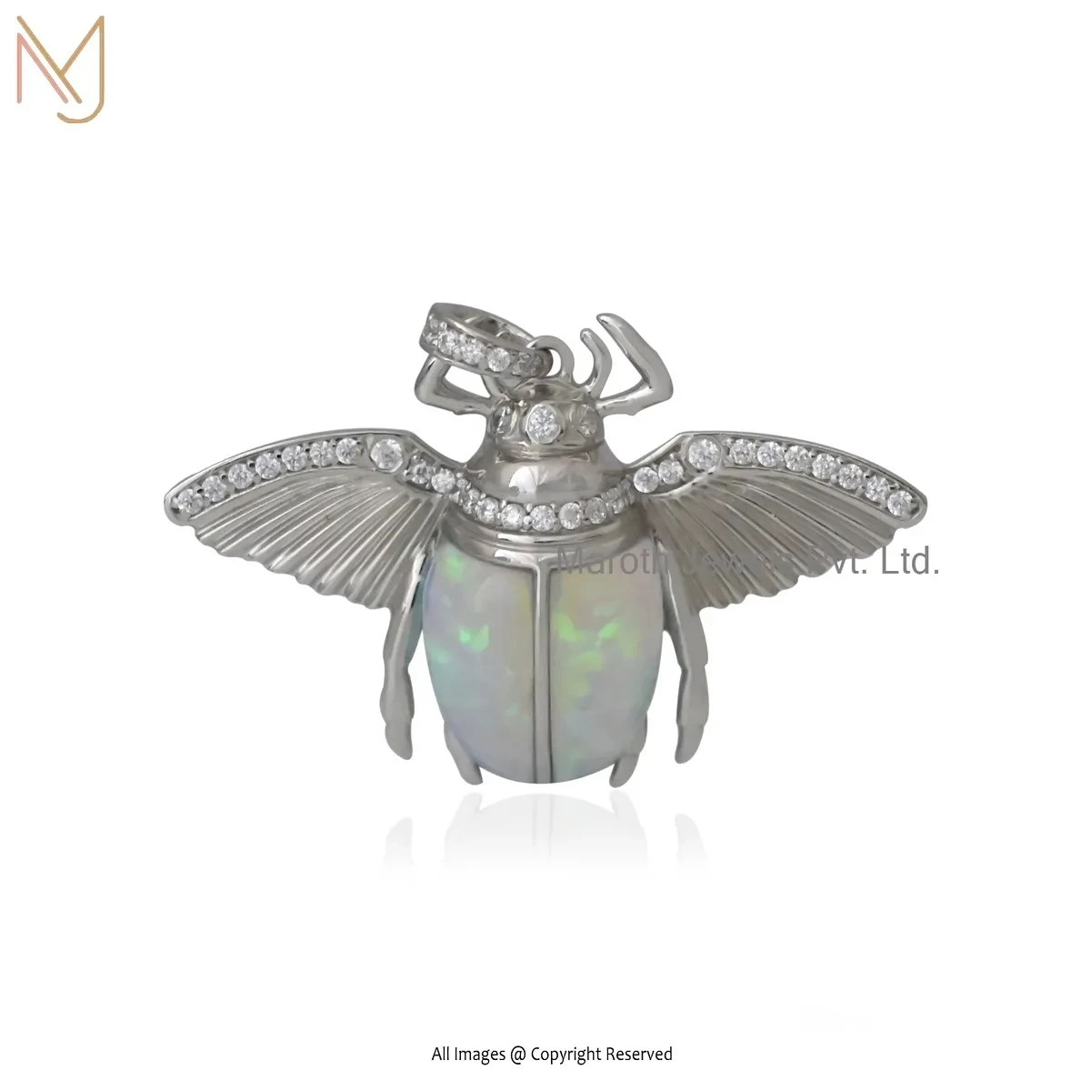 Wholesale 925 Silver White Gold Plated Ethiopian Opal Cubic Zircon Scarab Pendant Jewelry