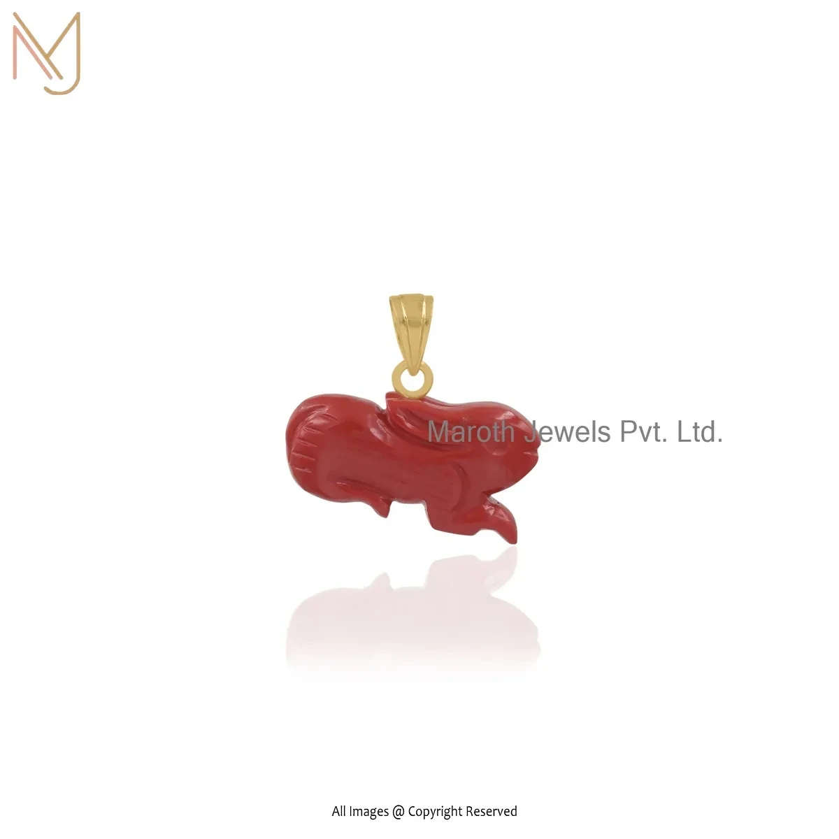 14K Yellow Gold Red Coral Gemstone Rat Charm Pendant Jewelry Supplier