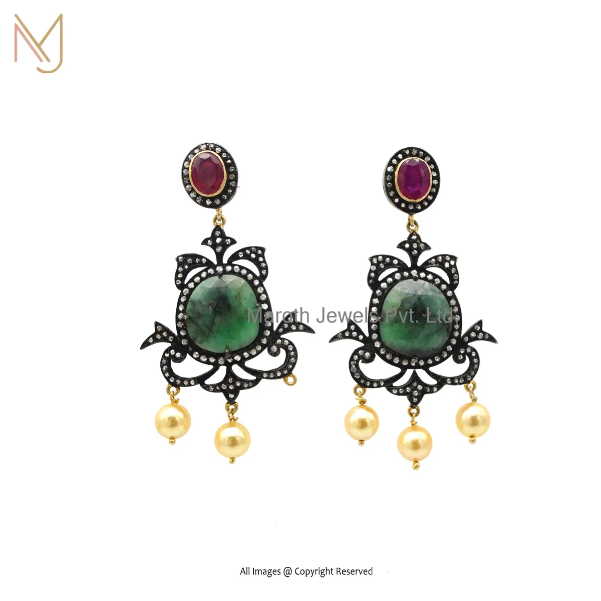 Private Lable 925 Silver Yellow Gold Plated Pave Diamond , Emerald , Ruby , Pearl Gemstone Drop Earring