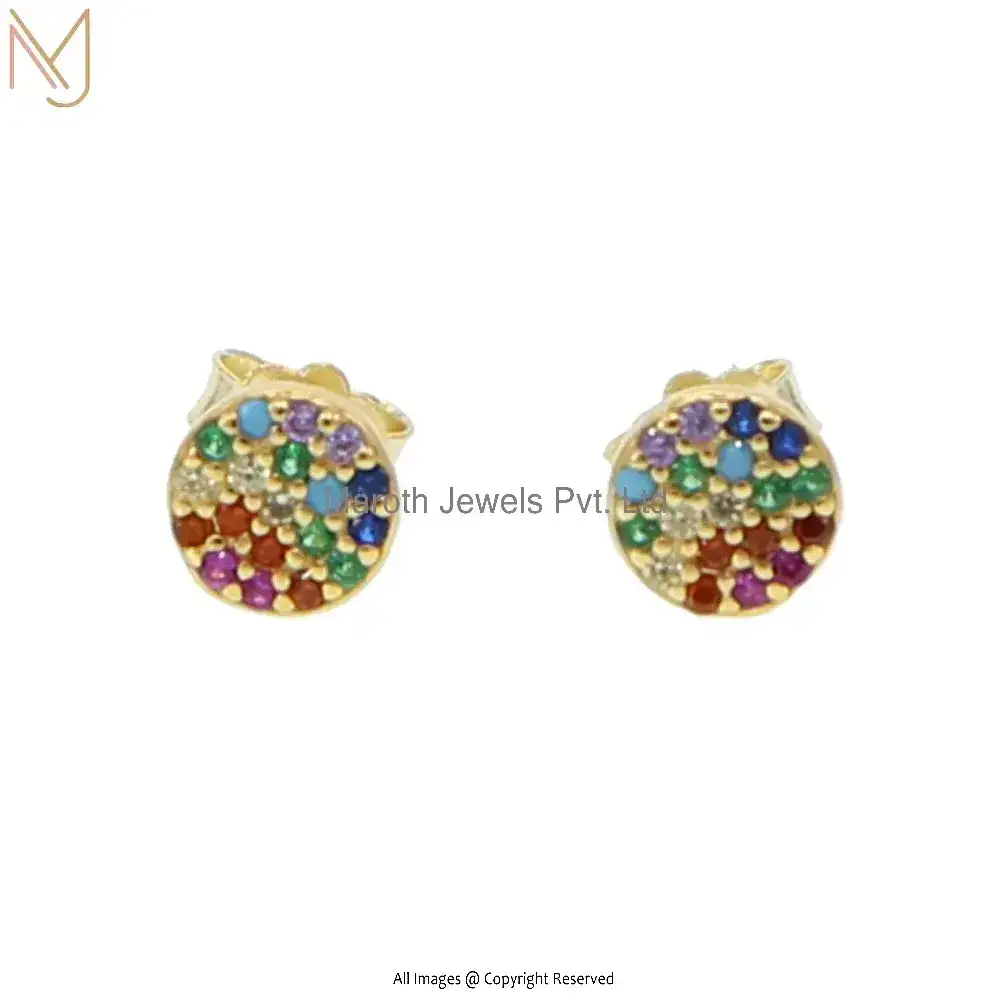 Private Label 925 Sterling Silver Yellow Gold Plated Pave Multi Gemstone Stud Earring Jewelry
