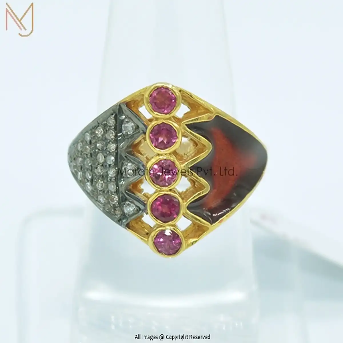 14K Yellow Gold Rhodium Pave Diamond Pink Tourmaline Gemstone Enamel Ring Manufacturer