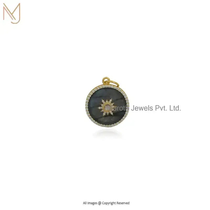 14K Yellow Gold Labradorite And Moissanite Star Disc Pendant Manufacturer