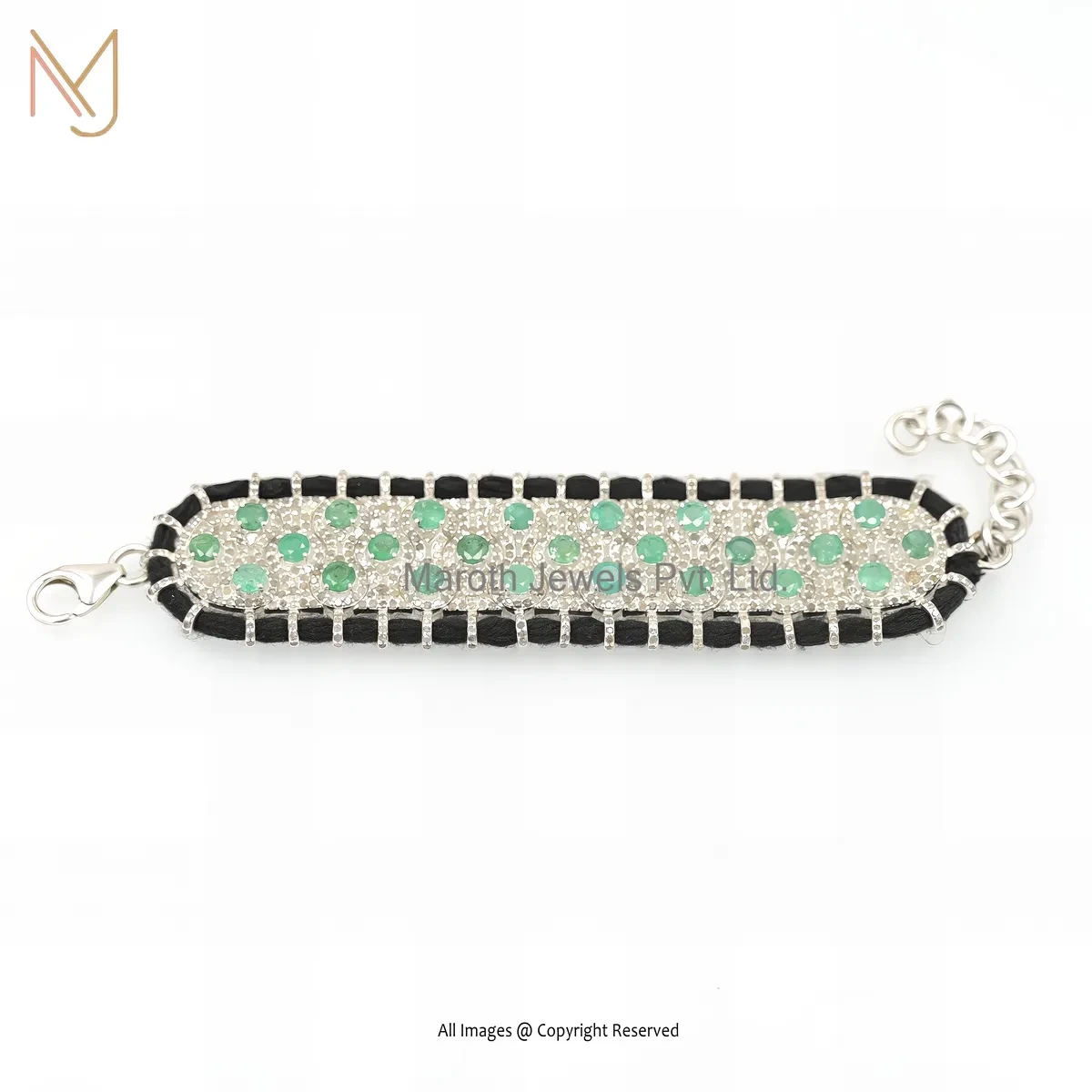 Wholesale 14K White Gold Diamond Emerald Handmade Chain Bracelet