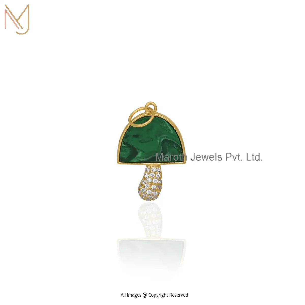 925 Silver Yellow Gold Plated Moissanite & Malachite Mushroom Pendant Custom Jewelry