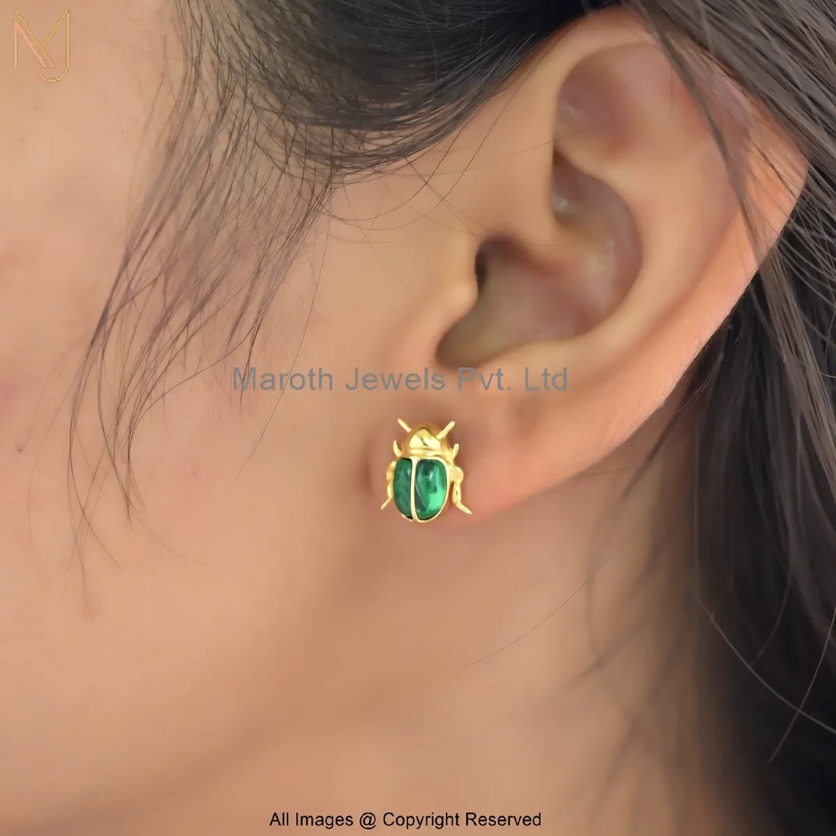 14K Yellow Gold Malachite Gemstone Scarab Stud Earring Jewelry Supplier
