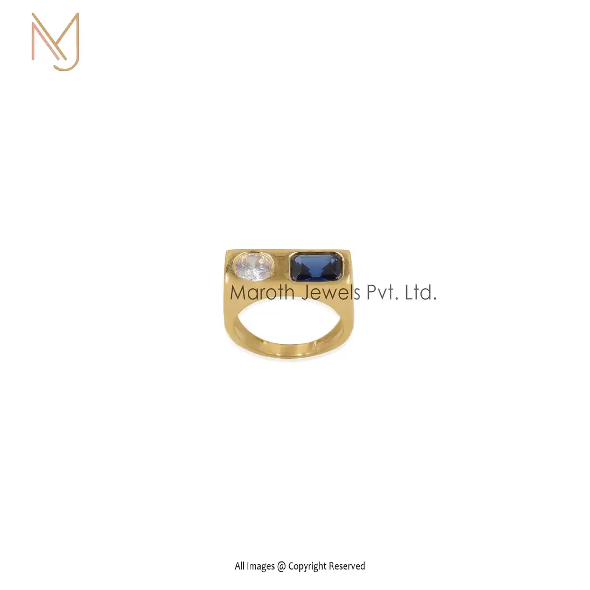 925 Silver Yellow Gold Plated Blue CZ Synthic White and Blue Gemstone Ring Manufacturer